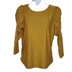 NEW W5 Ruched Sleeve Top Shirt S Mustard Yellow Polka Dot Texture
